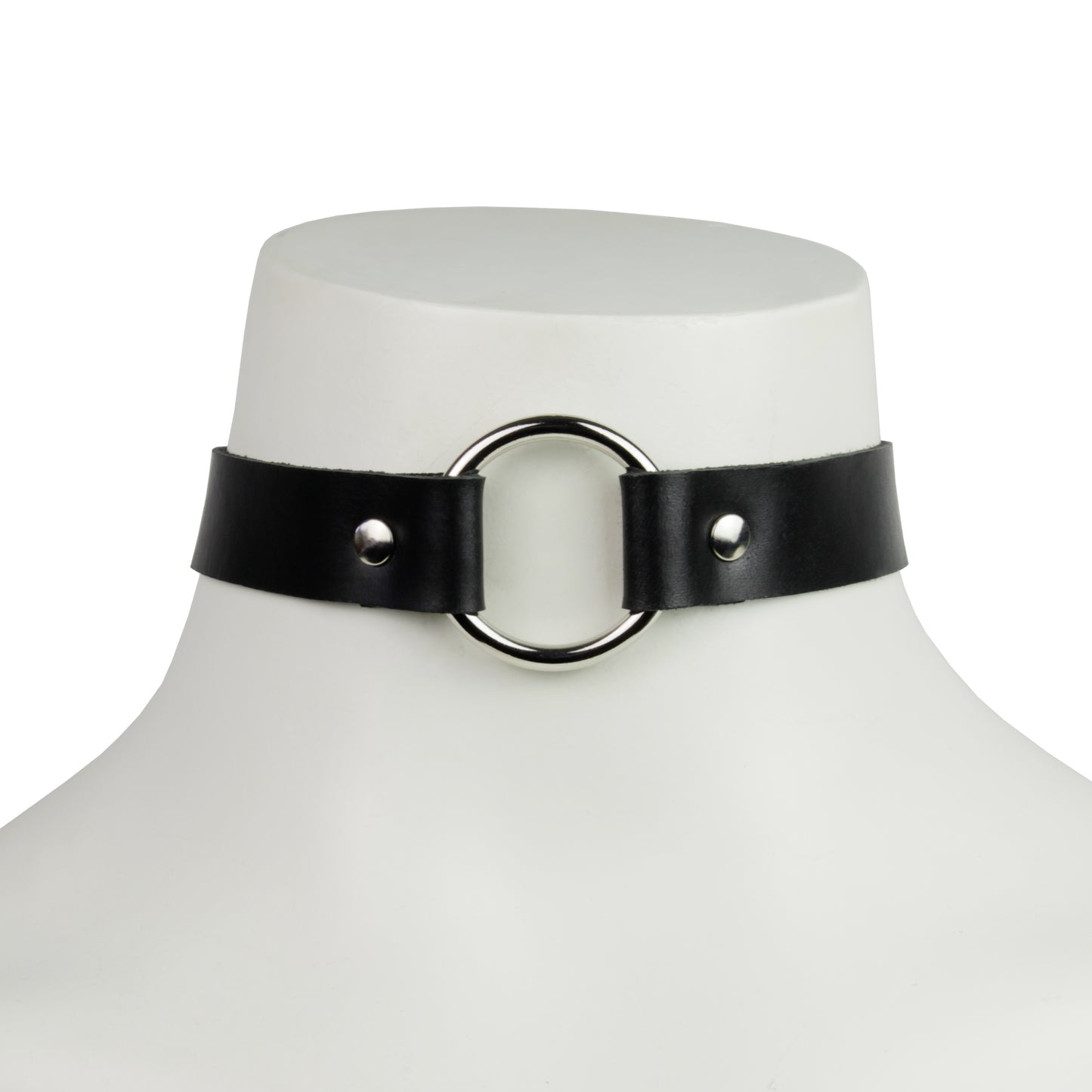 zwarte leren choker met metalen ring, ravewear