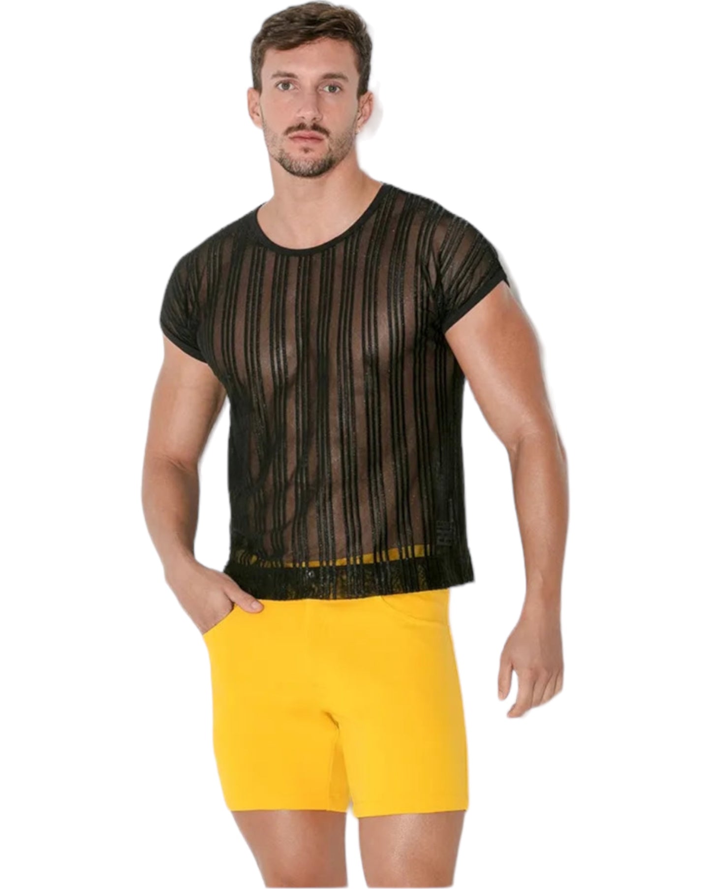 man met gestreept mesh shirt, ravewear