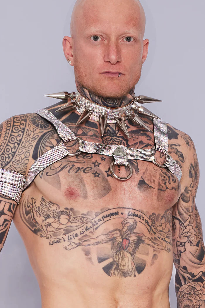 kale man met tattoos en kristallen opalen borst harnas