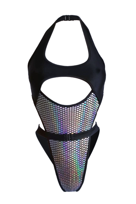 zwart en zilveren holografische bodysuit