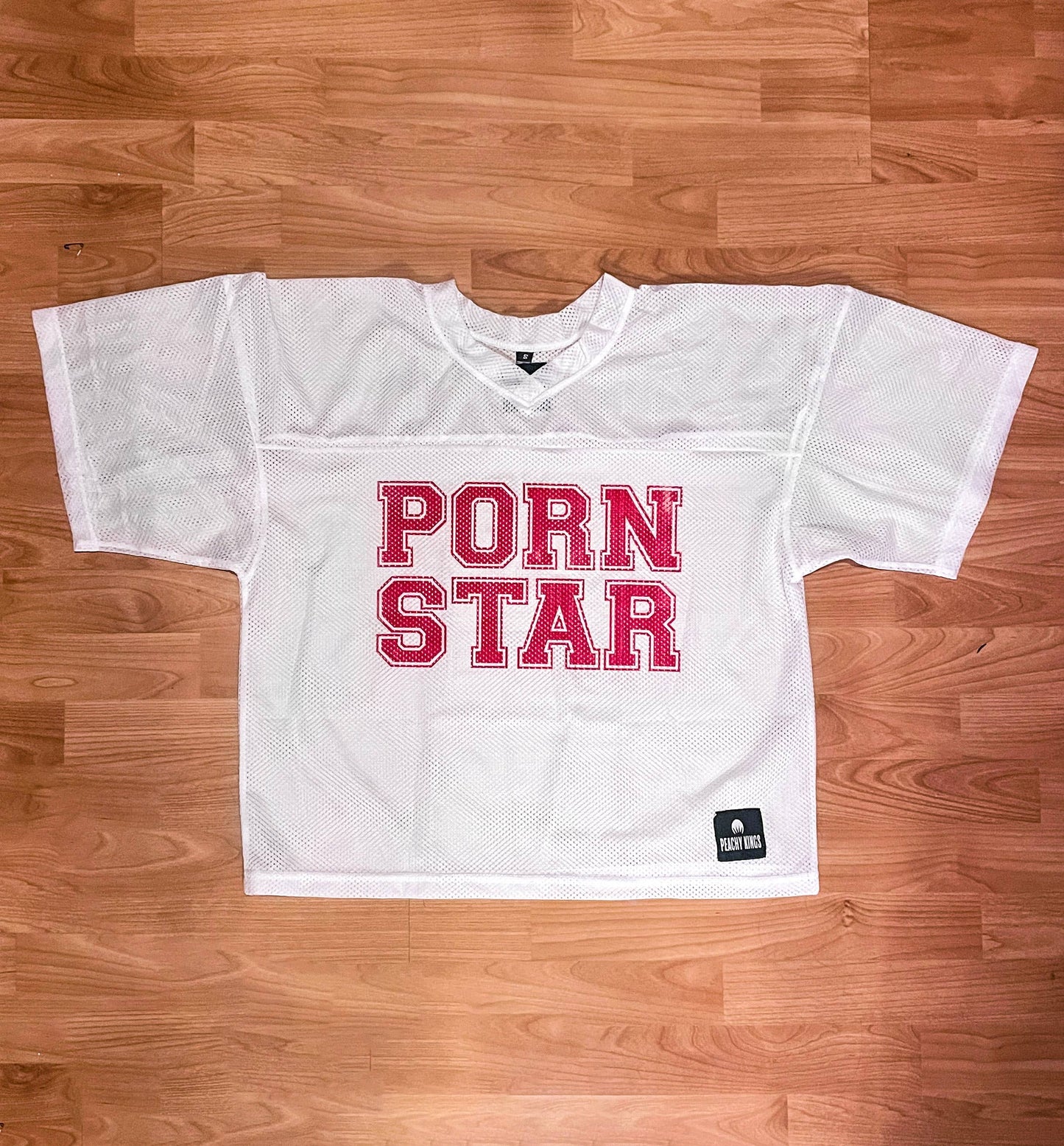 Peachy Kings - "PORN STARY" Mesh Football Jersey - Wit en rood