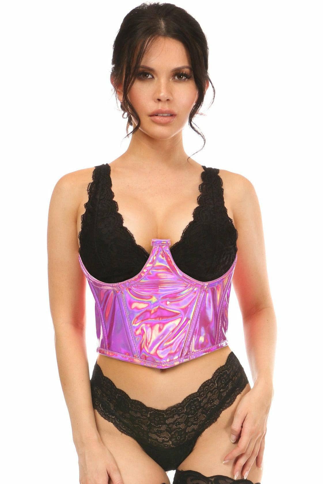 vrouw met fuchsia holografische underboob korset, milkshake festival outfit