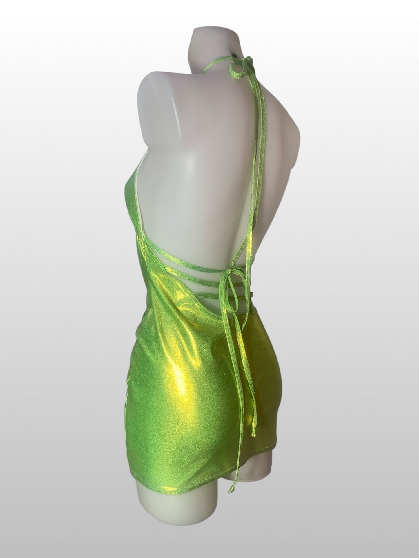 groene metallic mini jurkje met gouden strass elementen