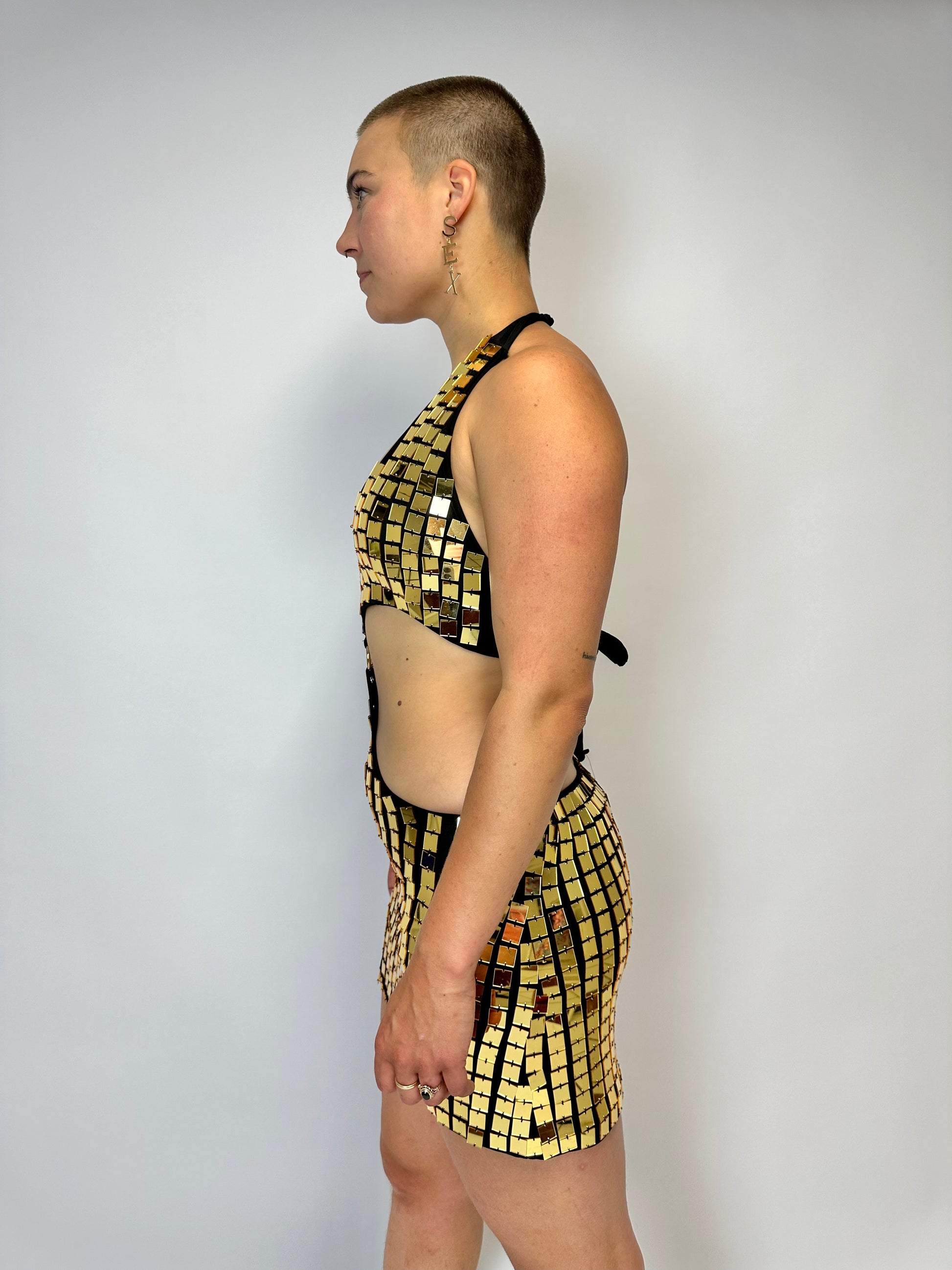 gouden festival jurk, gouden milkshake festival jurk, spiegeljurk, mirror dress, festival jurk, rave jurk