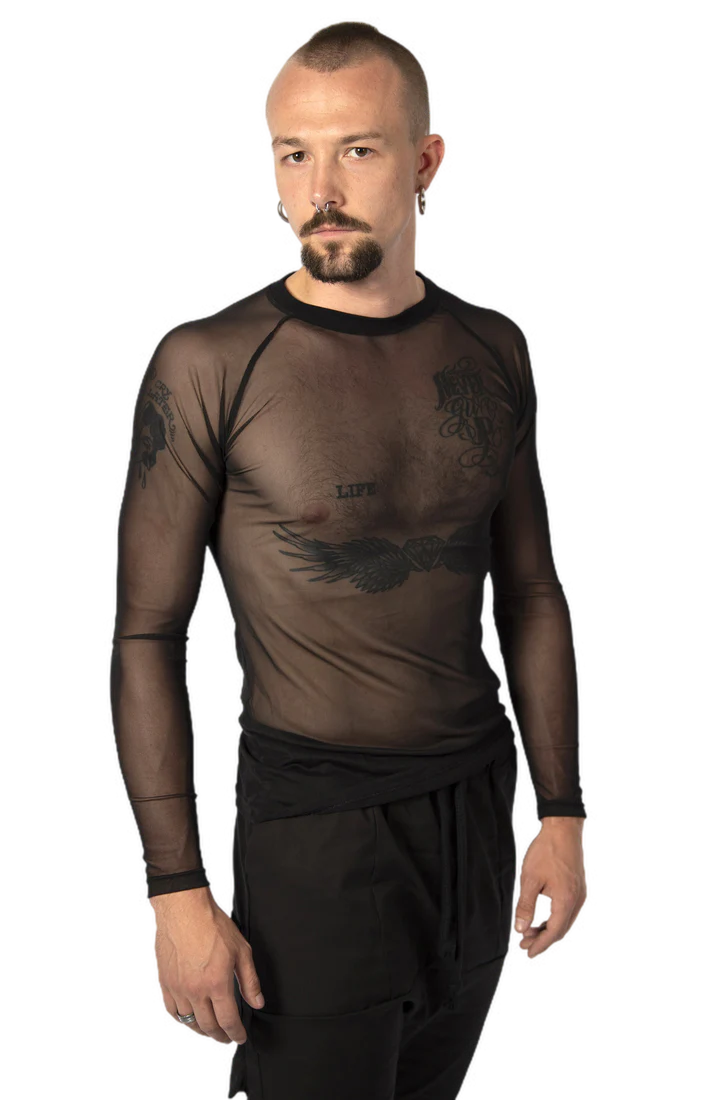 zwarte mesh longsleeve van obectra, techno outfit