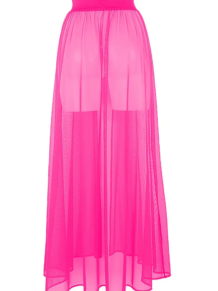 achterkant van roze maxi mesh rok
