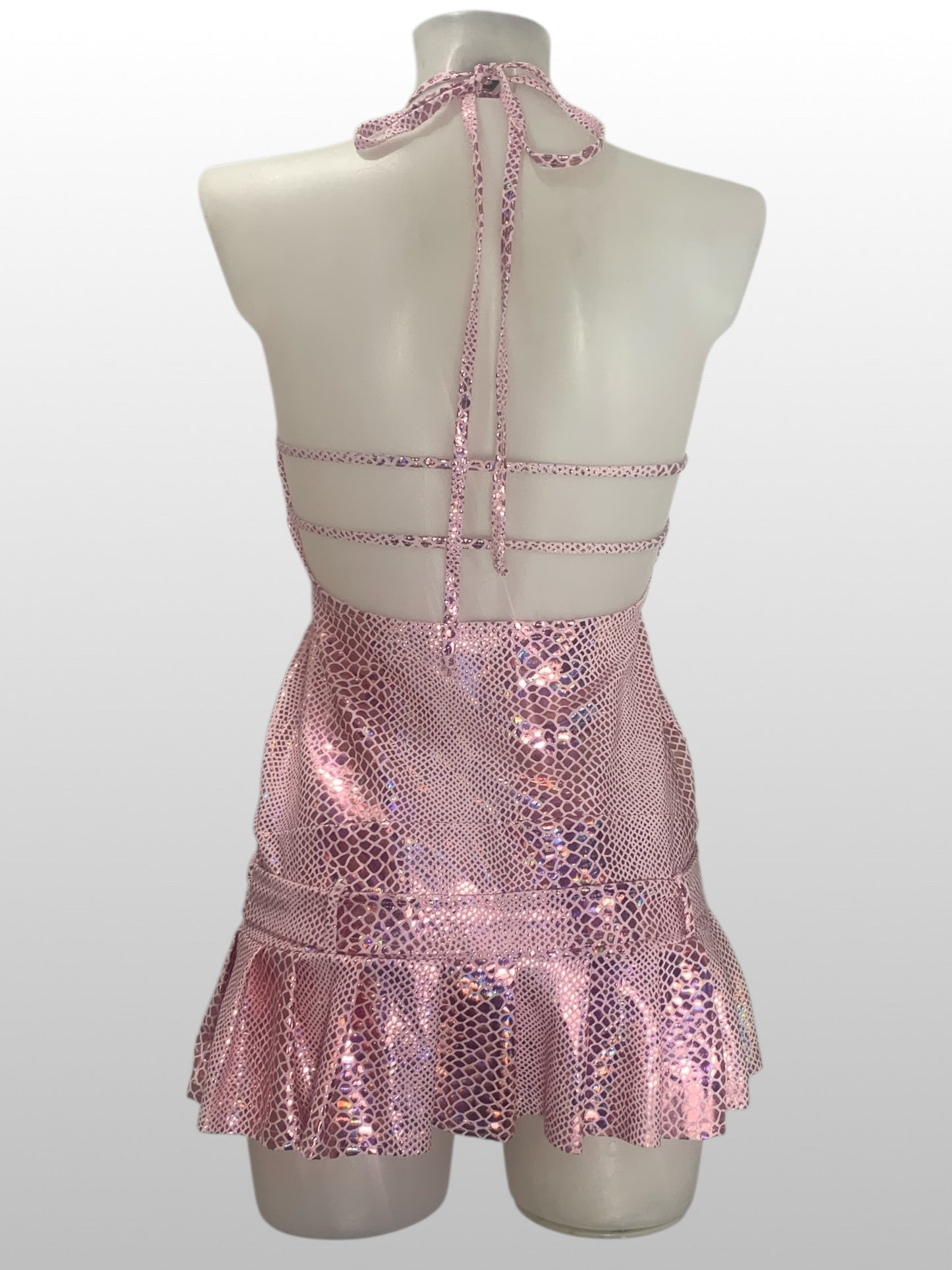 holografische slangenprint halterjurk met strass riem en plooi rokje