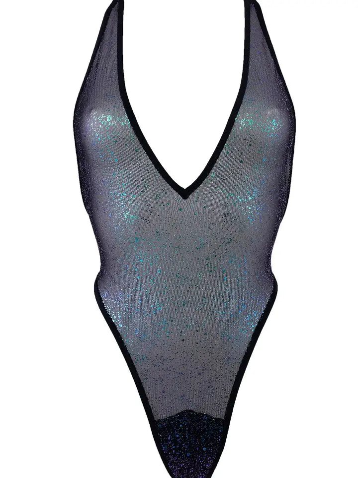 mesh holografisch zwarte bodysuit