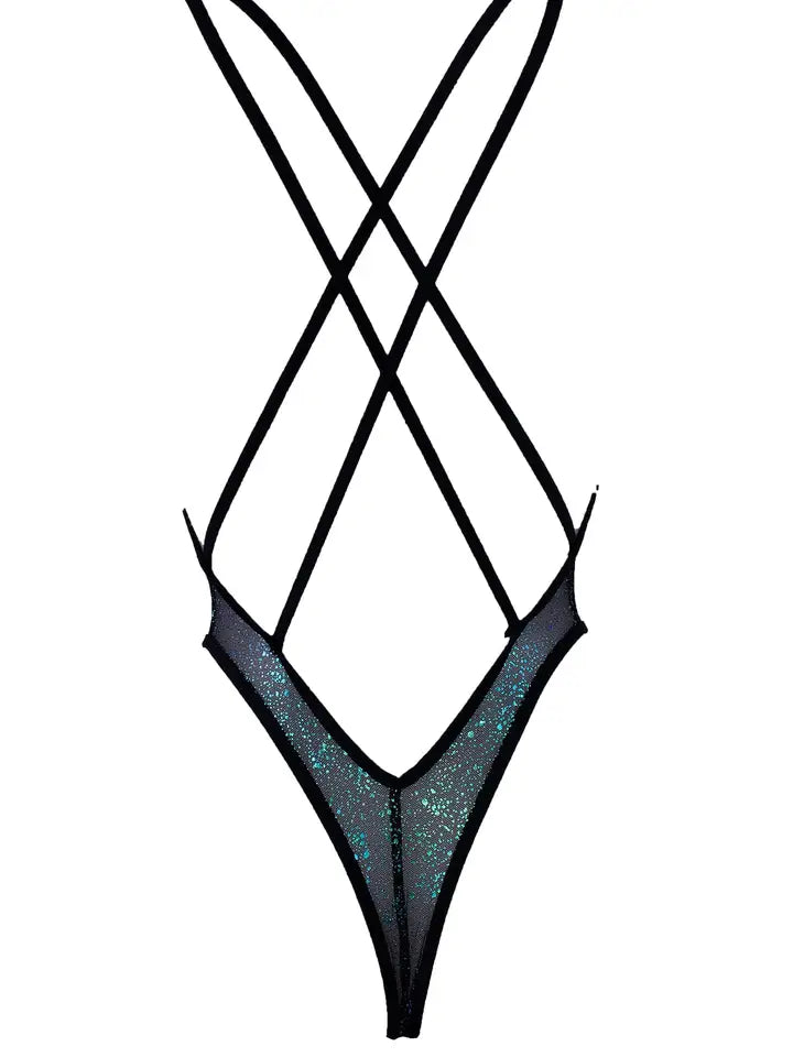 achterkant van zwarte holografische mesh body