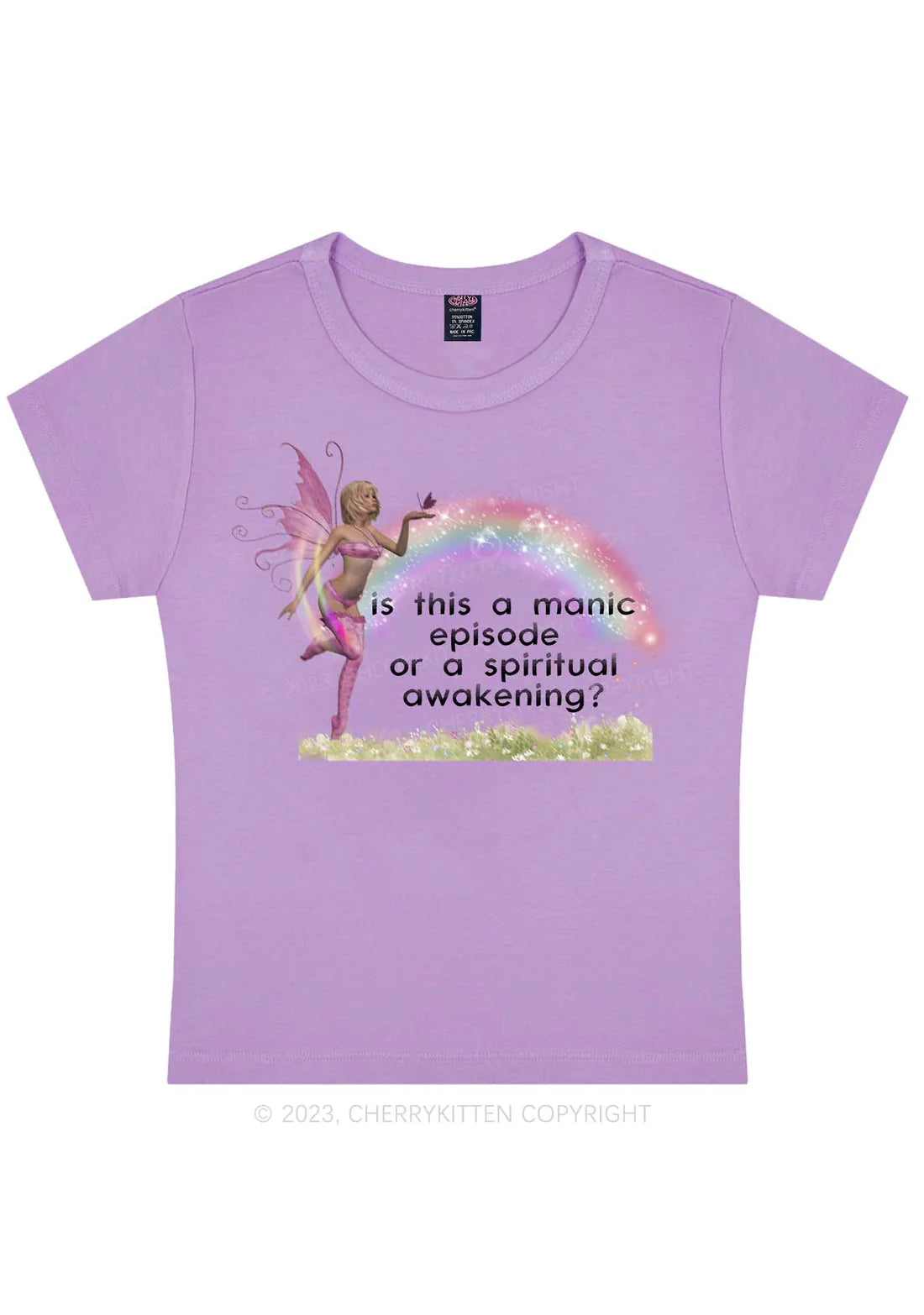 Cropped lila tee met manic episode tekst, ravewear