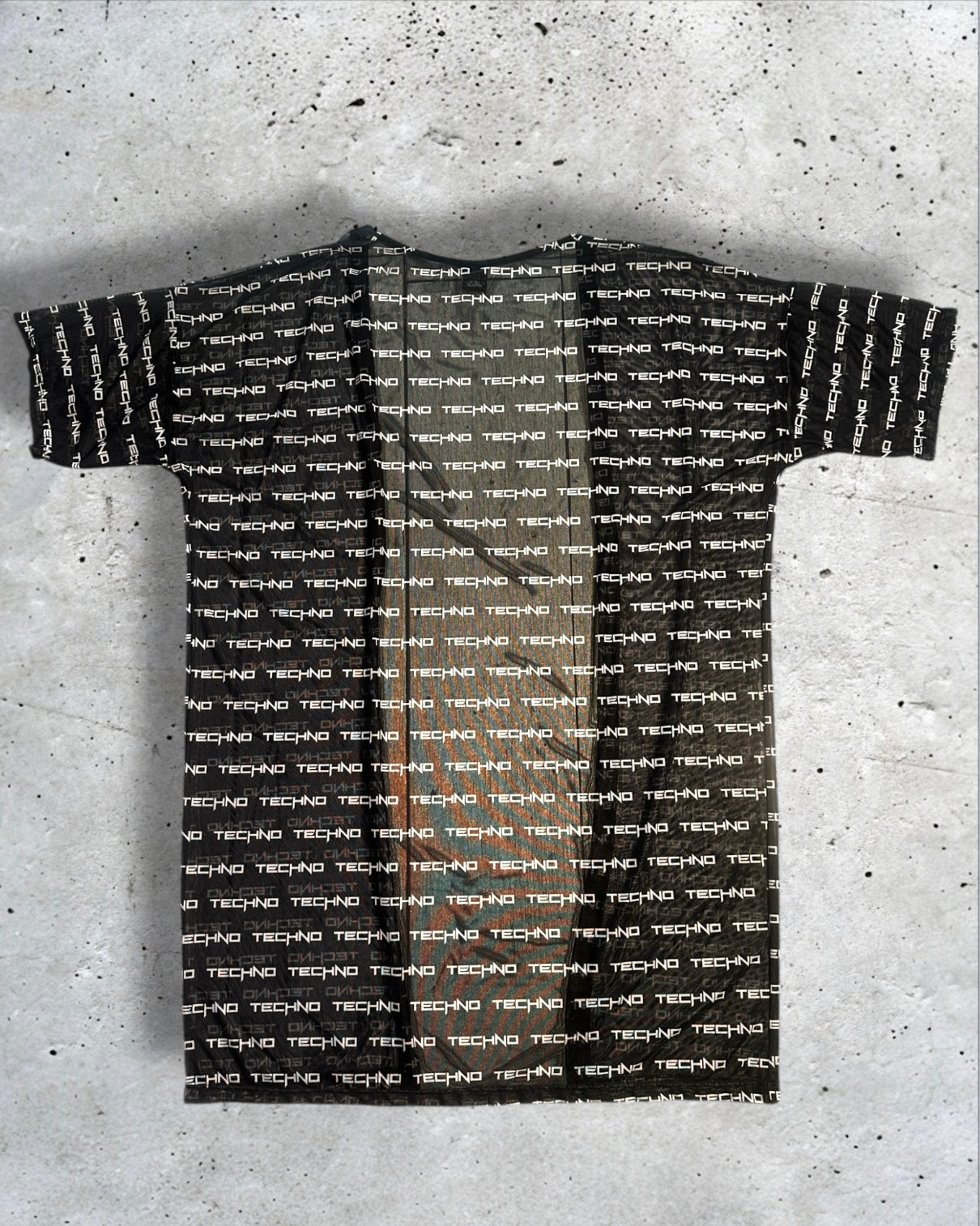 trasnparante zwarte kimono met techno print