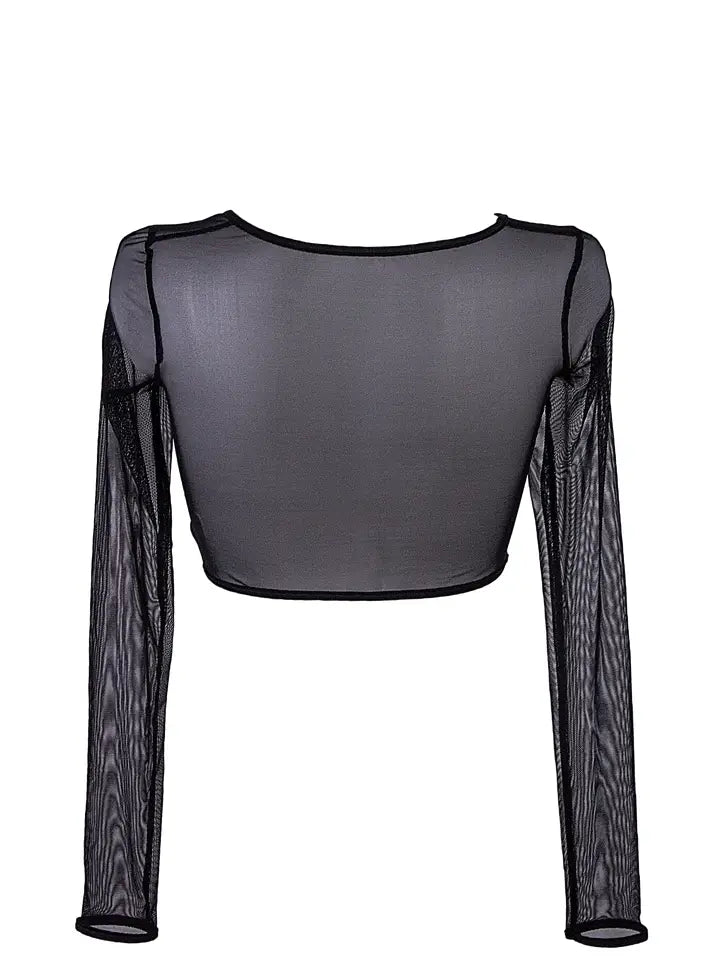 achterkant van zwart mesh shirt met lange mouwen