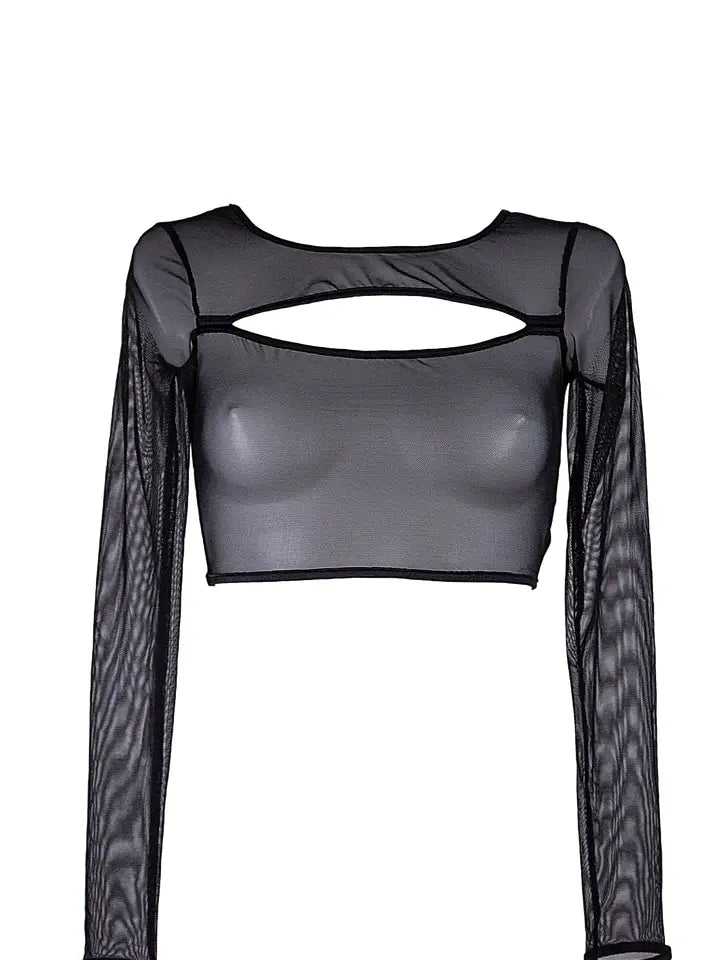 zwarte mesh cut out shirt met lange mouwen