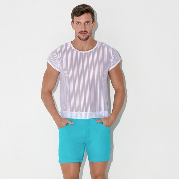man met wit gestreepte mesh shirt, ravewear