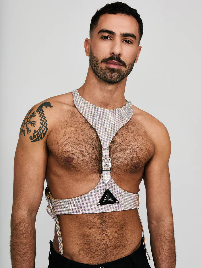 man met chrystal y harness in ontbloot bovenlijf