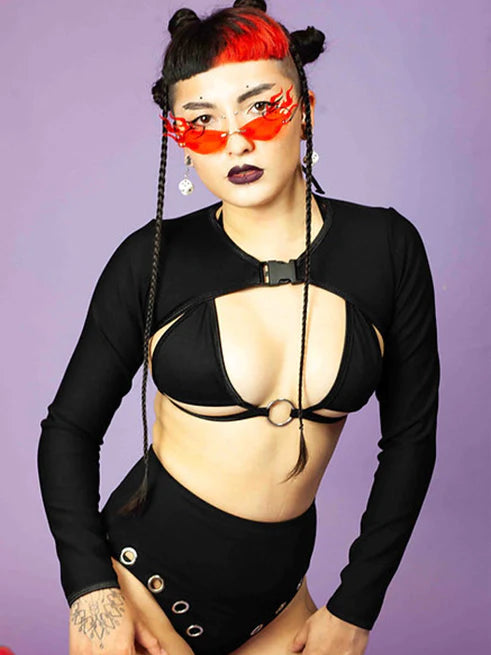shrug, zwarte mouwen, ravewear, buckle top, sleeves, losse mouwen
