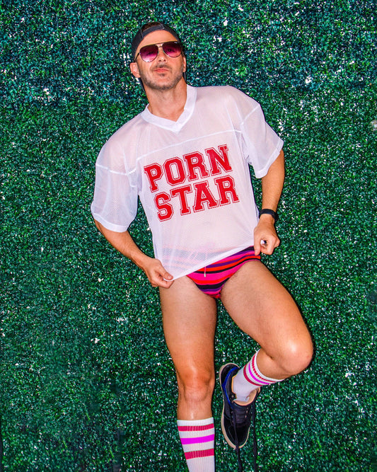 Peachy Kings - "PORN STARY" Mesh Football Jersey - Wit en rood