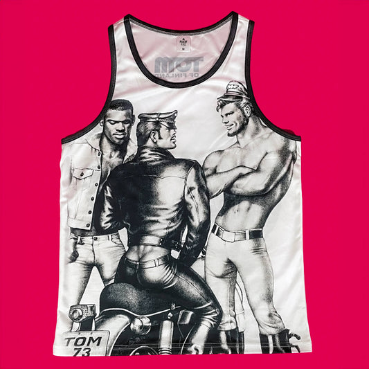 Peachy Kings -Tom of Finland Mesh Tank Top — "TOM 73 — Classic" - Wit en zwart