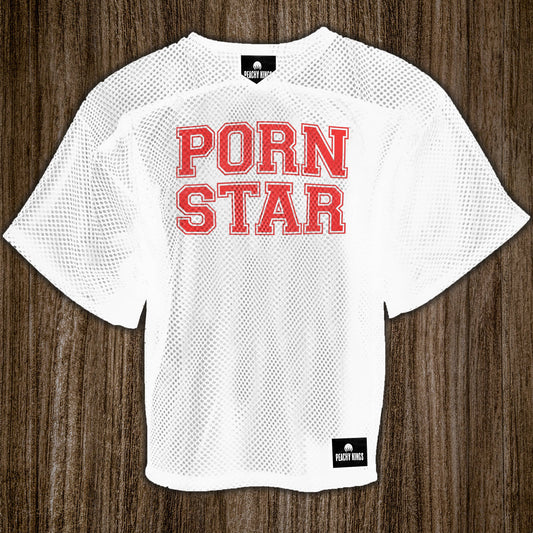 Peachy Kings - "PORN STARY" Mesh Football Jersey - Wit en rood