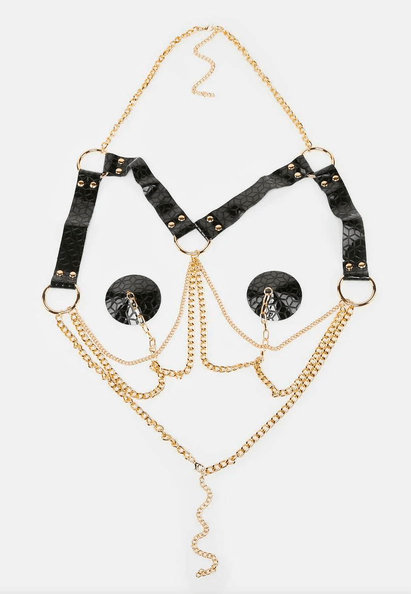 Neva Nude - Domina Black Gold Chain Harness Reusable Silicone Nipple Cover Pasties