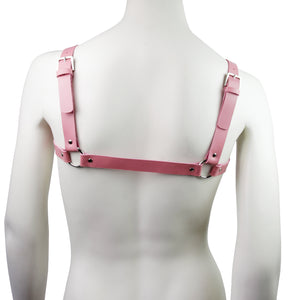 fetishwear, harnas, roze leren harnas, party harnas, rave harnas, chest harness, borst harnas