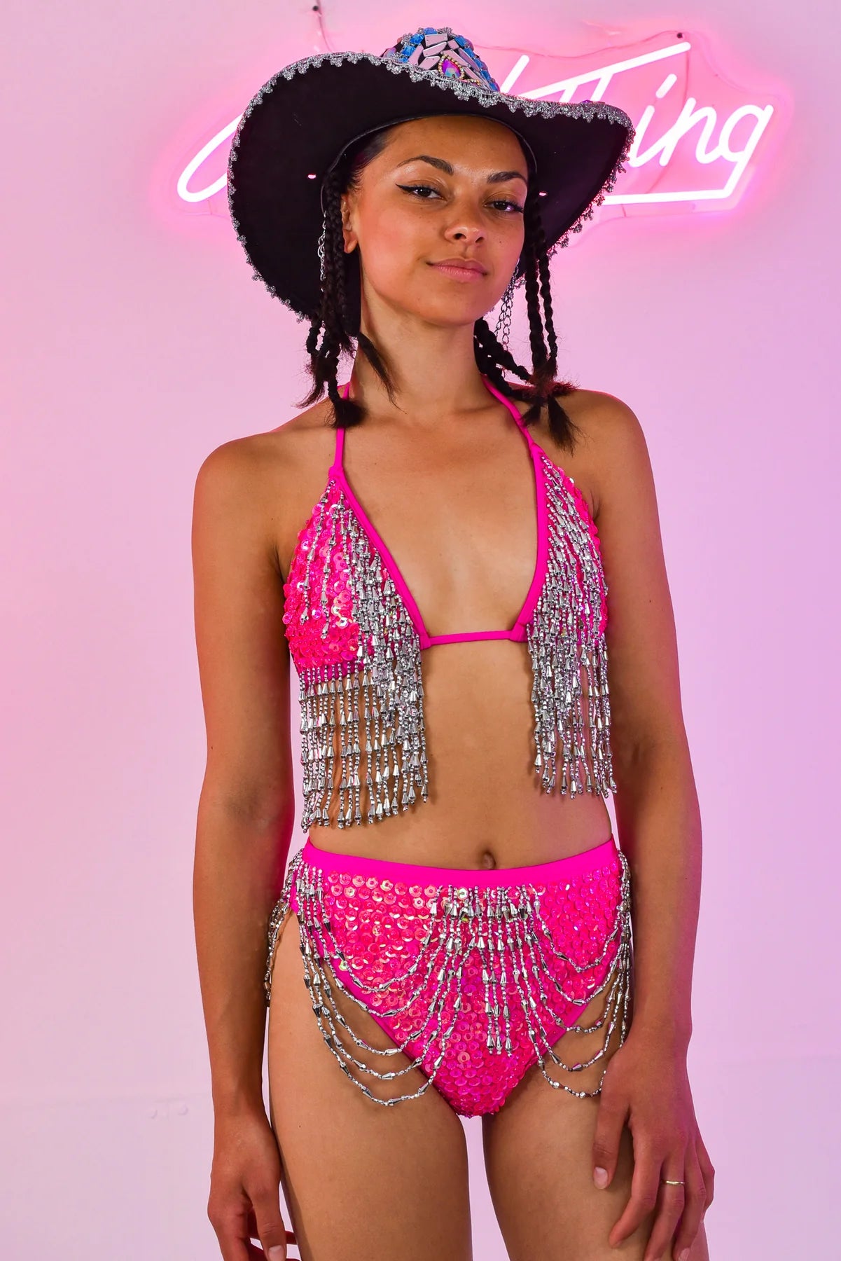 brazilian carnaval, tassel bikini, pink bikini, rave bikini, roze rave top, partywear, clubwear, rave set