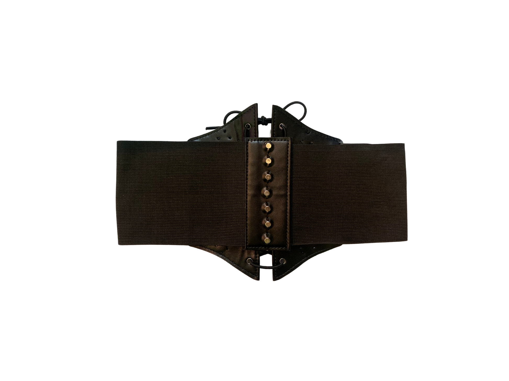 Zwarte korset riem met zilveren spikes.