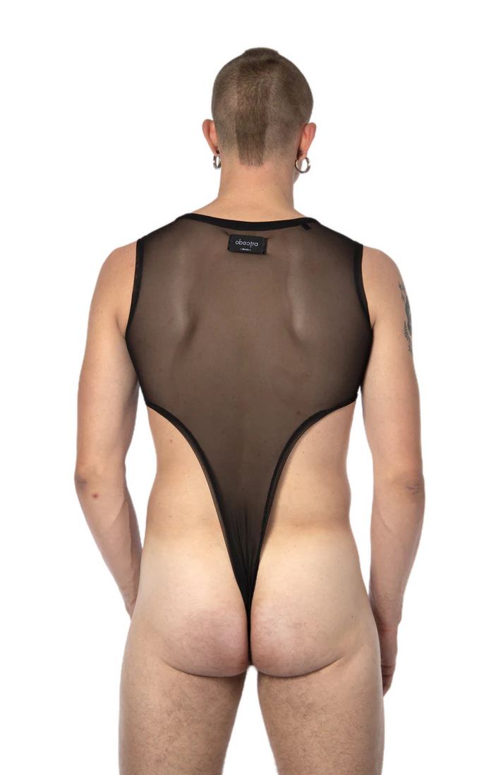 achterkant van de high cut mesh bodysuit van obectra, techno outfit