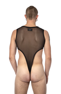 achterkant van de high cut mesh bodysuit van obectra, techno outfit