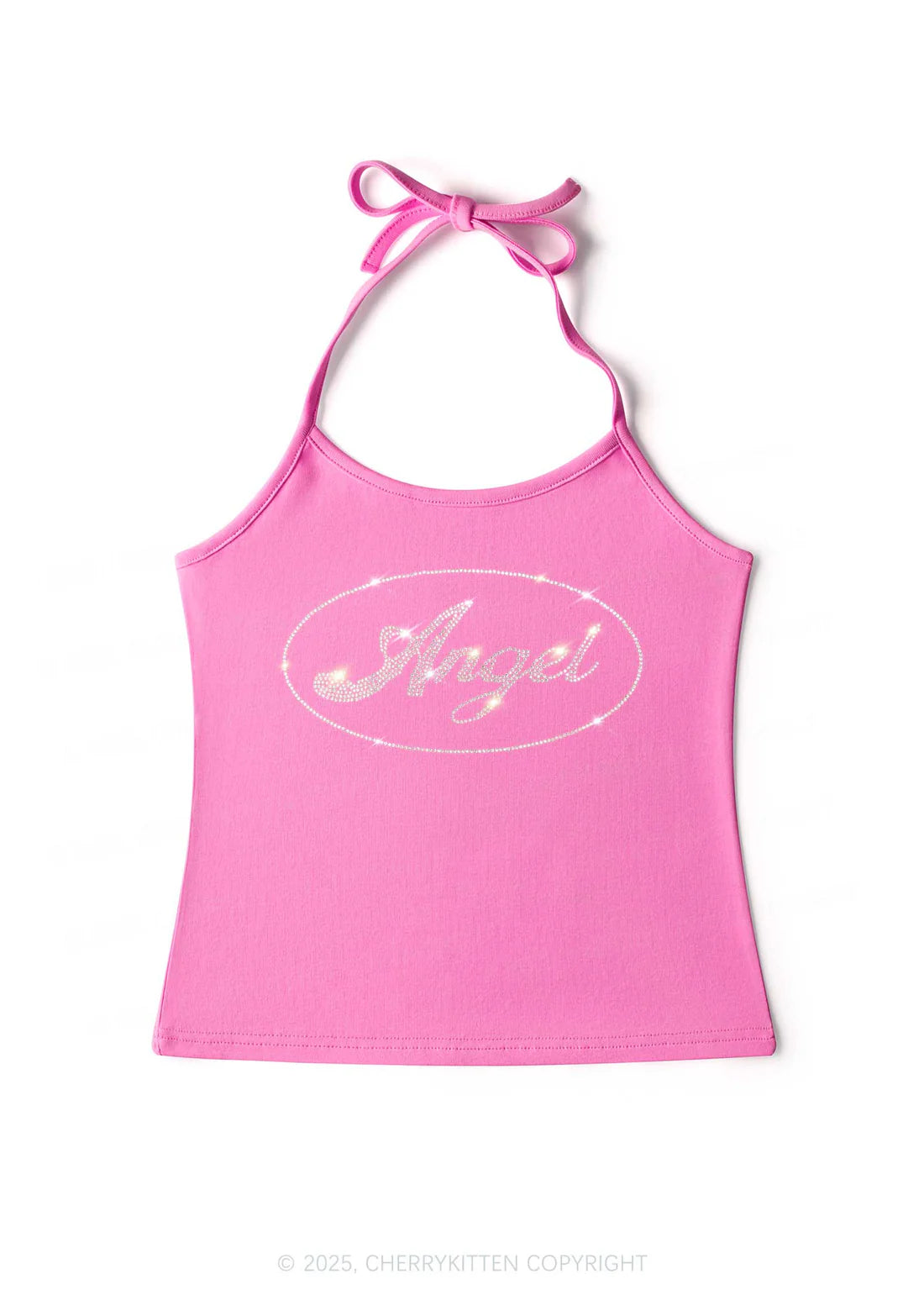 roze crop top met het woord angel in strass