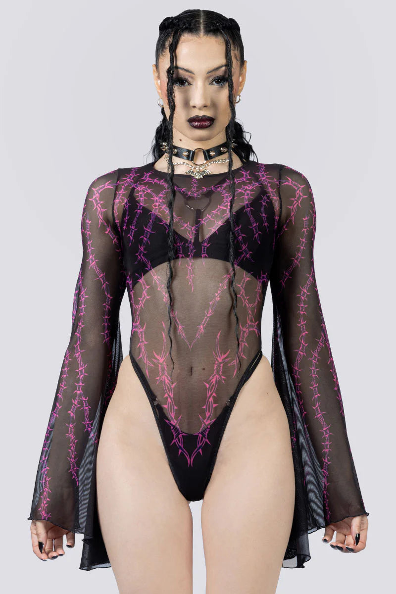Mesh string bodysuit met prikkeldraad motief