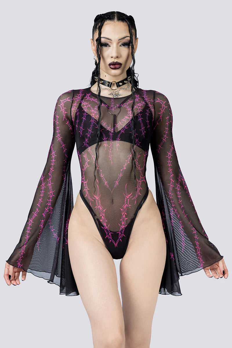 Mesh string bodysuit met prikkeldraad motief
