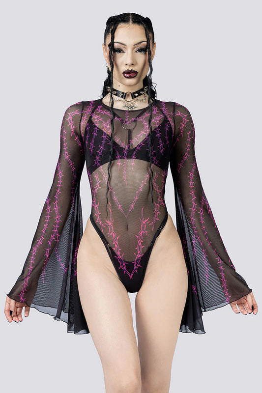 Mesh string bodysuit met prikkeldraad motief