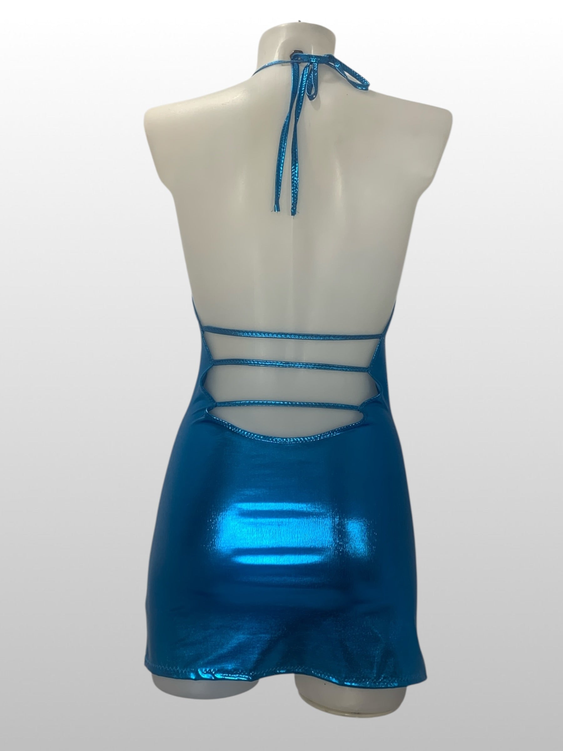 blauwe metallic hallterjurk met strass