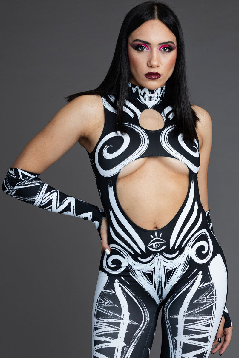 Rave Outfit Call Of The Tribe Cut Out Catsuit Close View