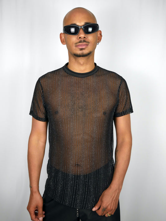 FAC SHOP - Pinstripe glitter mesh shirt - Zwart