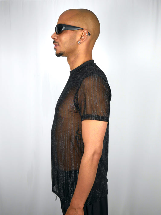 FAC SHOP - Pinstripe glitter mesh shirt - Zwart