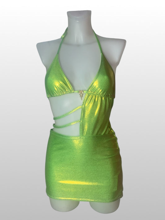 groene metallic mini jurkje met gouden strass elementen