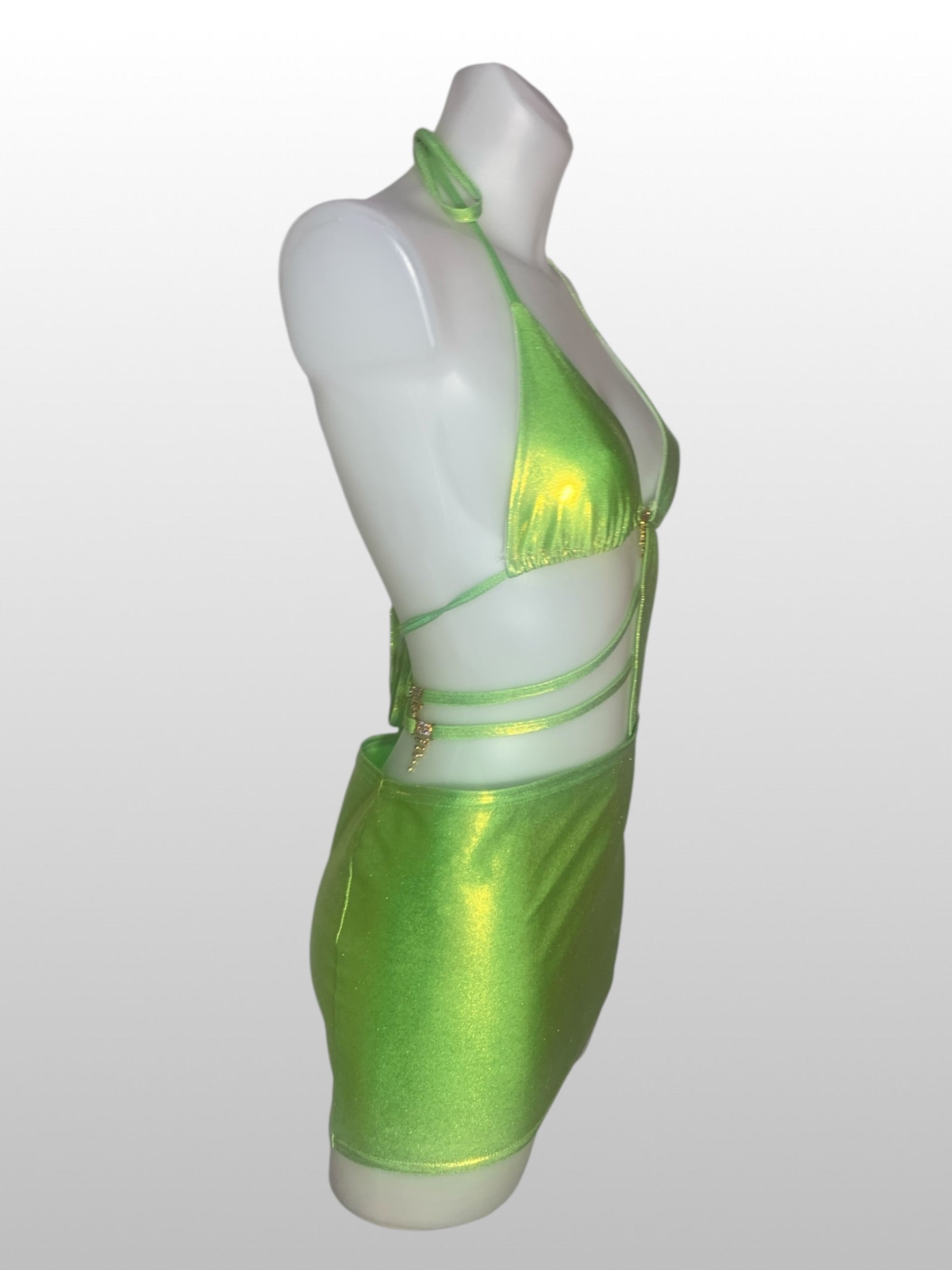 groene metallic mini jurkje met gouden strass elementen