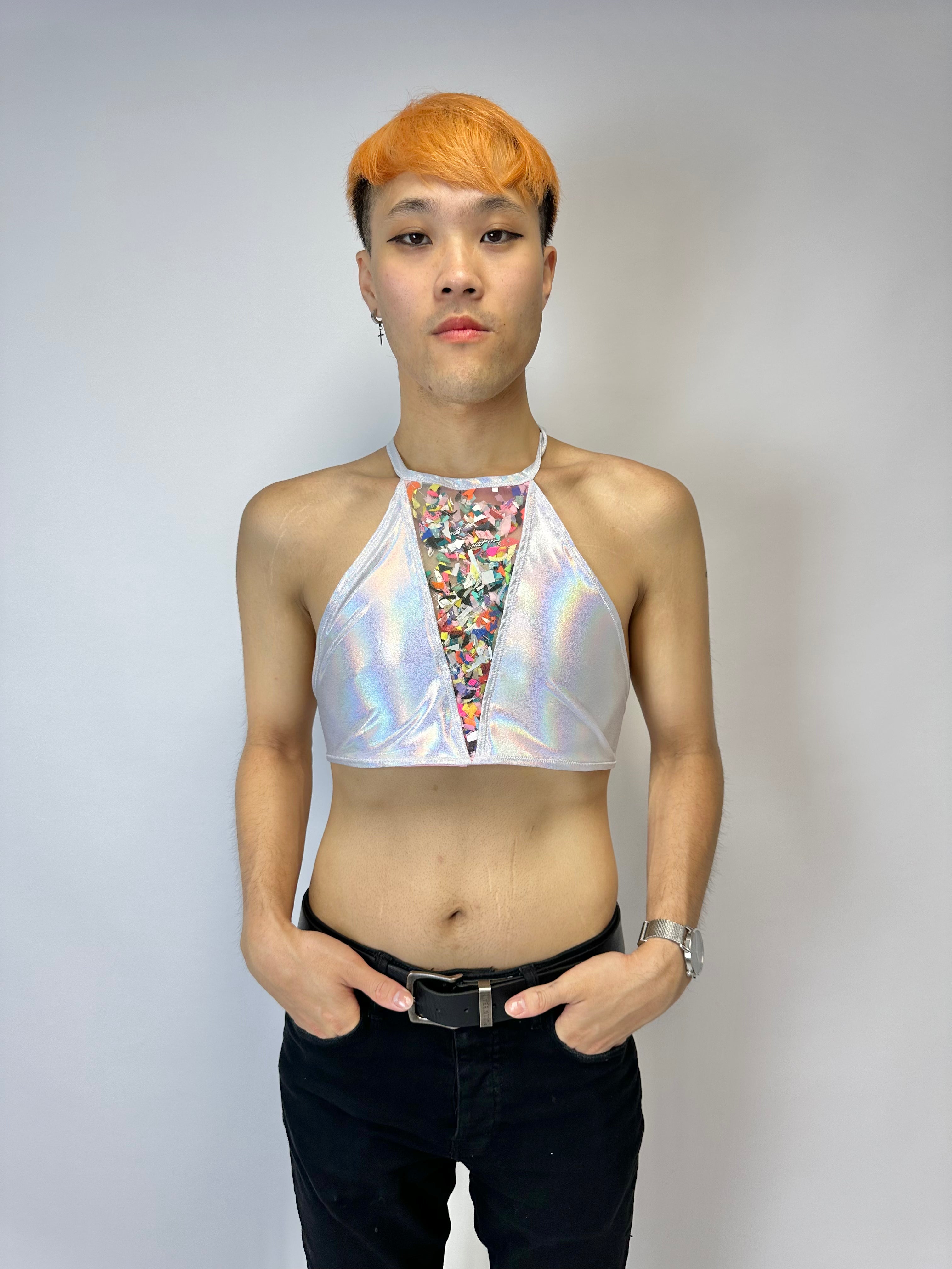 holografische halter top, holografische kleding, festival outfit, milkshake festival outfit, party outfit, party top, clubwear