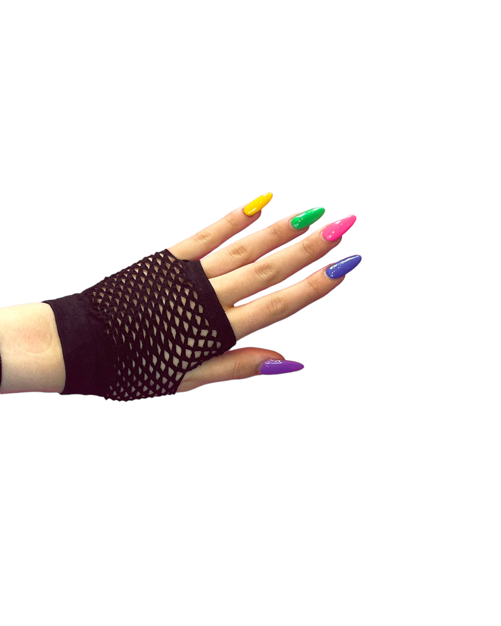 zwarte korte fishnet handschoenen, techno outfit