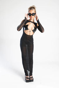 zwarte lange transparante cut out jurk, techno outfit