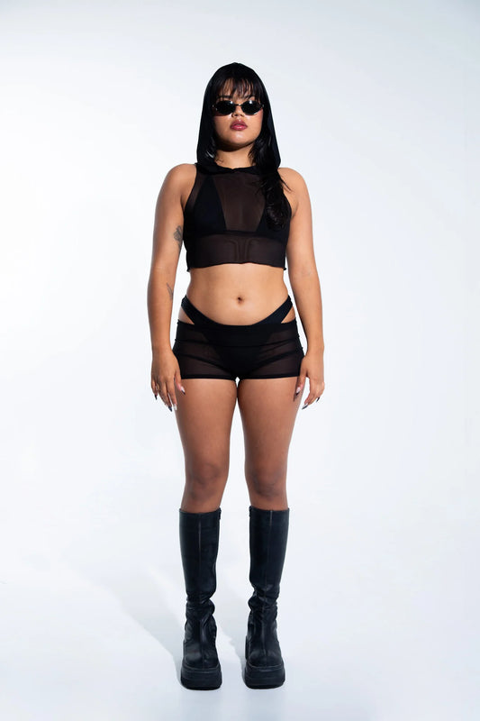 Rave with mi Gente - Mesh hooded crop top - Black
