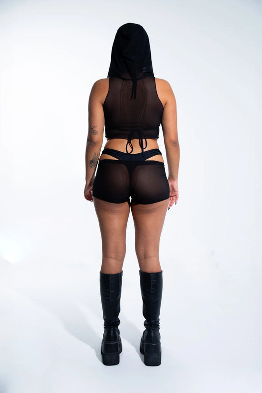 Rave with mi Gente - Mesh hooded crop top - Black