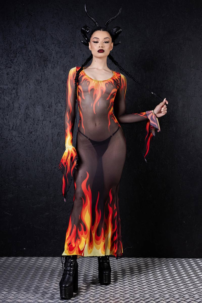 Devil Walking - On fire sheer maxi dress