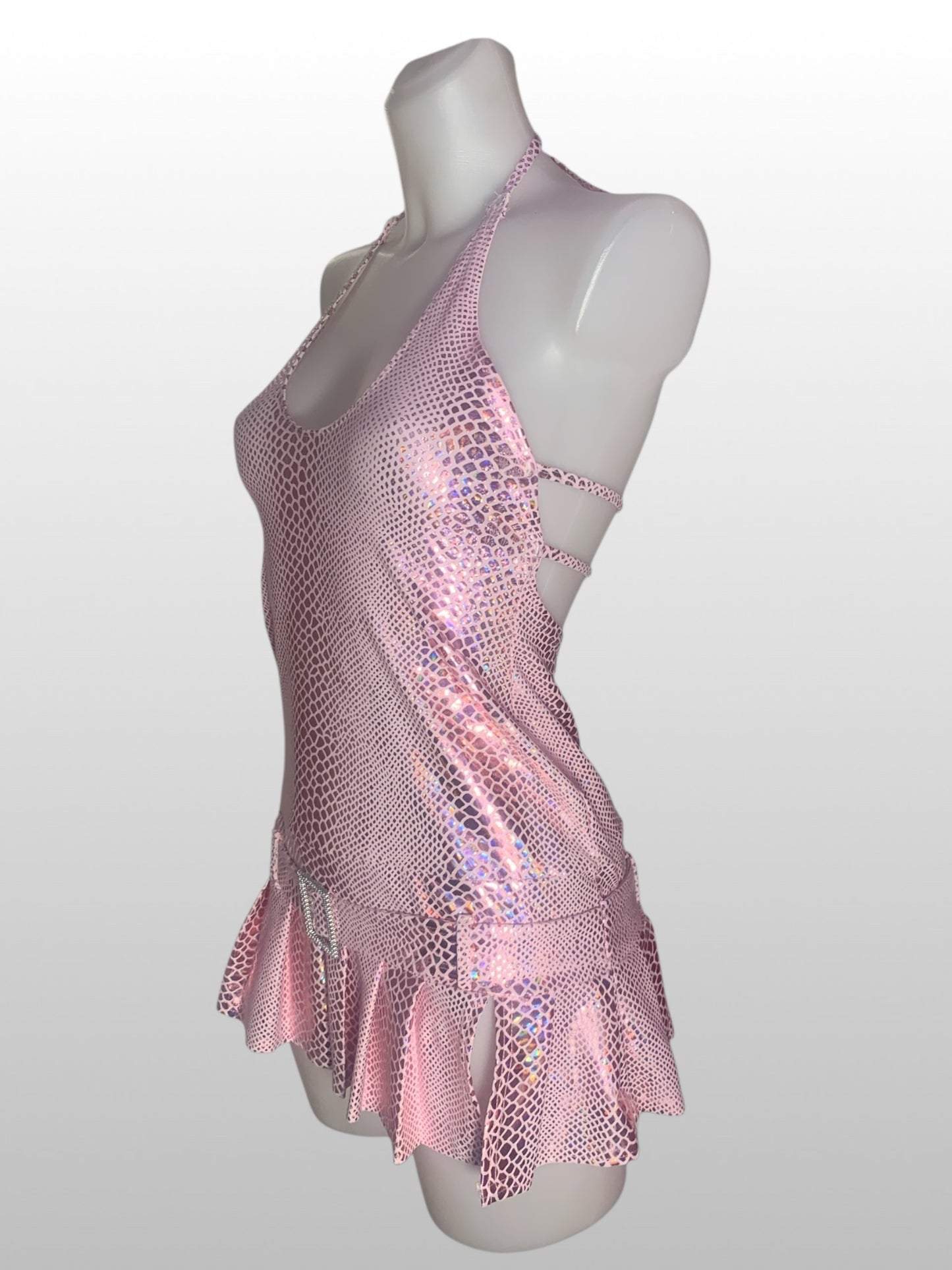 holografische slangenprint halterjurk met strass riem en plooi rokje