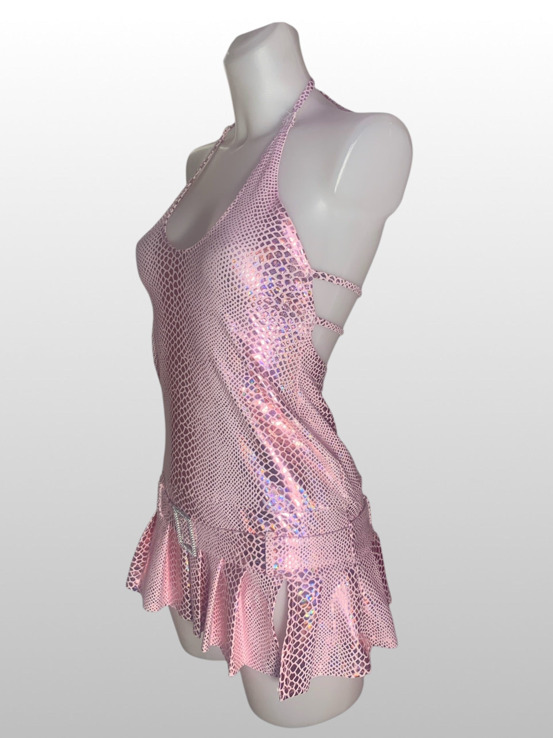 holografische slangenprint halterjurk met strass riem en plooi rokje