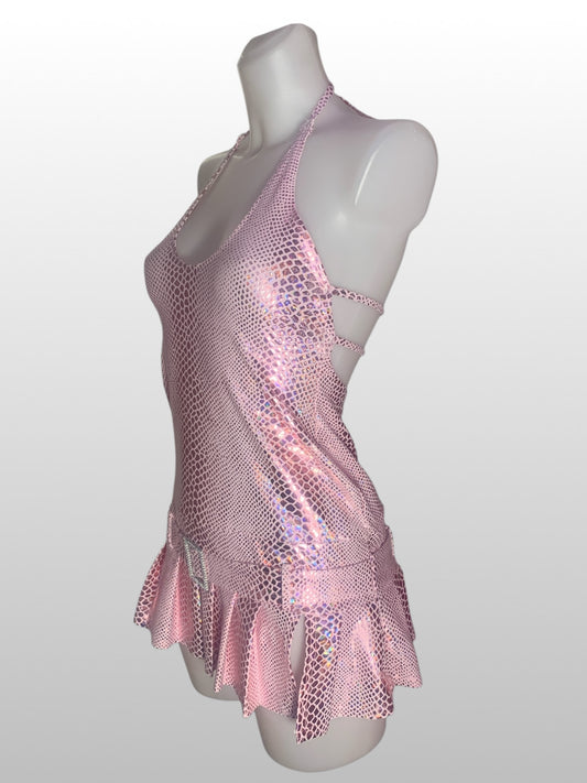 holografische slangenprint halterjurk met strass riem en plooi rokje