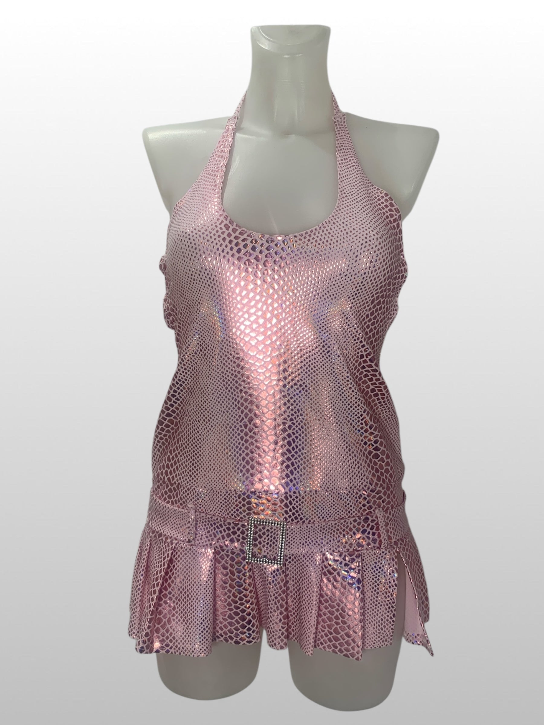 holografische slangenprint halterjurk met strass riem en plooi rokje
