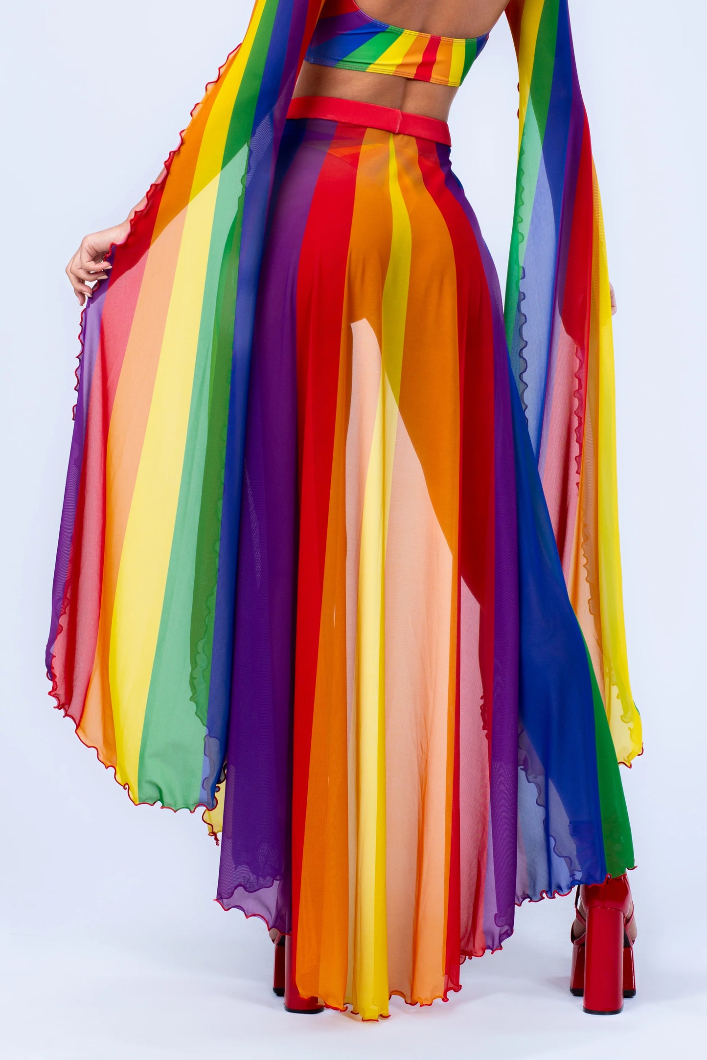 achterkant van regenboog maxi mesh rok, pride outfit